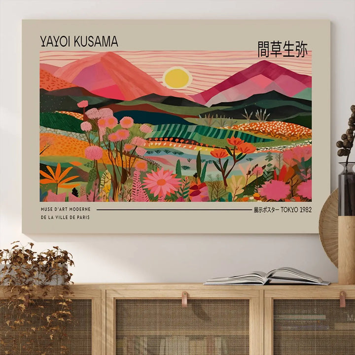 Yayoi Kusama Landscape Canvas Print, Vibrant Floral Mountain Art Print, Yayoi Botanical Wall Art - Flower Nature Decor, Sunset Scenery Artwork, Yayoi Kusama Prints for Sale