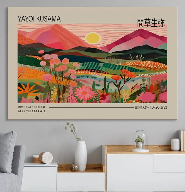 Yayoi Kusama Landscape Canvas Print, Vibrant Floral Mountain Art Print, Yayoi Botanical Wall Art - Flower Nature Decor, Sunset Scenery Artwork, Yayoi Kusama Prints for Sale