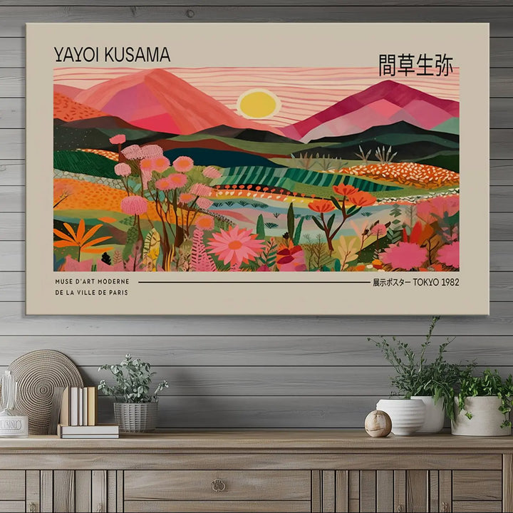 Yayoi Kusama Landscape Canvas Print, Vibrant Floral Mountain Art Print, Yayoi Botanical Wall Art - Flower Nature Decor, Sunset Scenery Artwork, Yayoi Kusama Prints for Sale