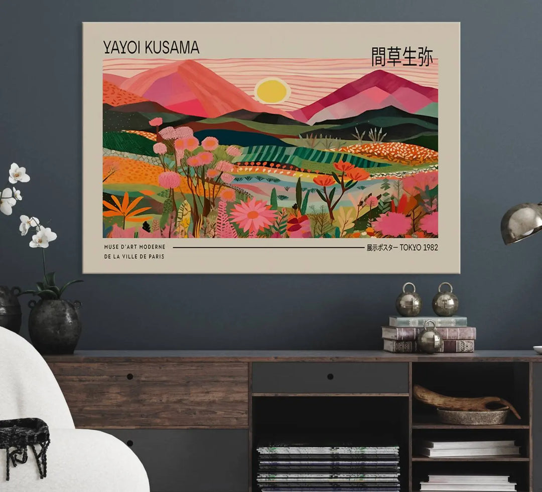 Yayoi Kusama Landscape Canvas Print, Vibrant Floral Mountain Art Print, Yayoi Botanical Wall Art - Flower Nature Decor, Sunset Scenery Artwork, Yayoi Kusama Prints for Sale