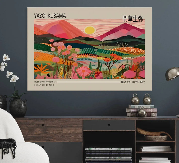 Yayoi Kusama Landscape Canvas Print, Vibrant Floral Mountain Art Print, Yayoi Botanical Wall Art - Flower Nature Decor, Sunset Scenery Artwork, Yayoi Kusama Prints for Sale