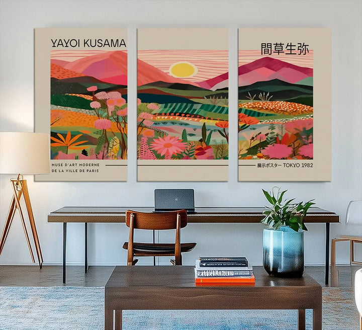 Yayoi Kusama Landscape Canvas Print, Vibrant Floral Mountain Art Print, Yayoi Botanical Wall Art - Flower Nature Decor, Sunset Scenery Artwork, Yayoi Kusama Prints for Sale