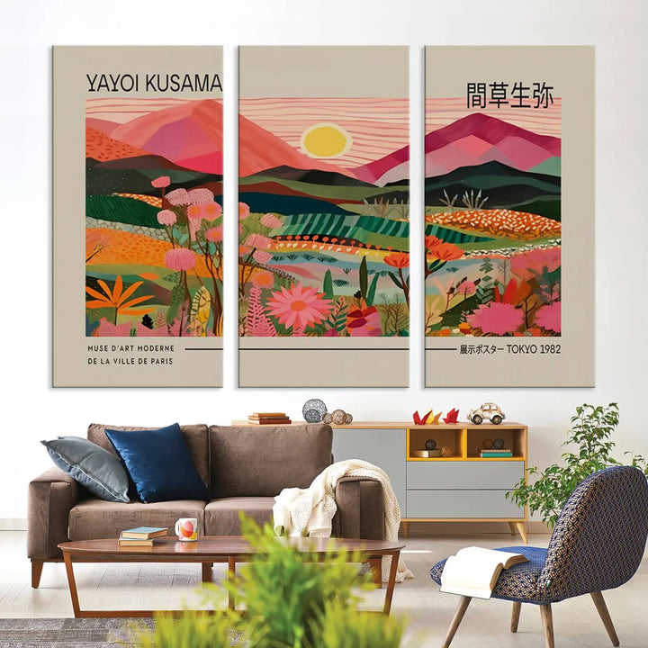 Yayoi Kusama Landscape Canvas Print, Vibrant Floral Mountain Art Print, Yayoi Botanical Wall Art - Flower Nature Decor, Sunset Scenery Artwork, Yayoi Kusama Prints for Sale