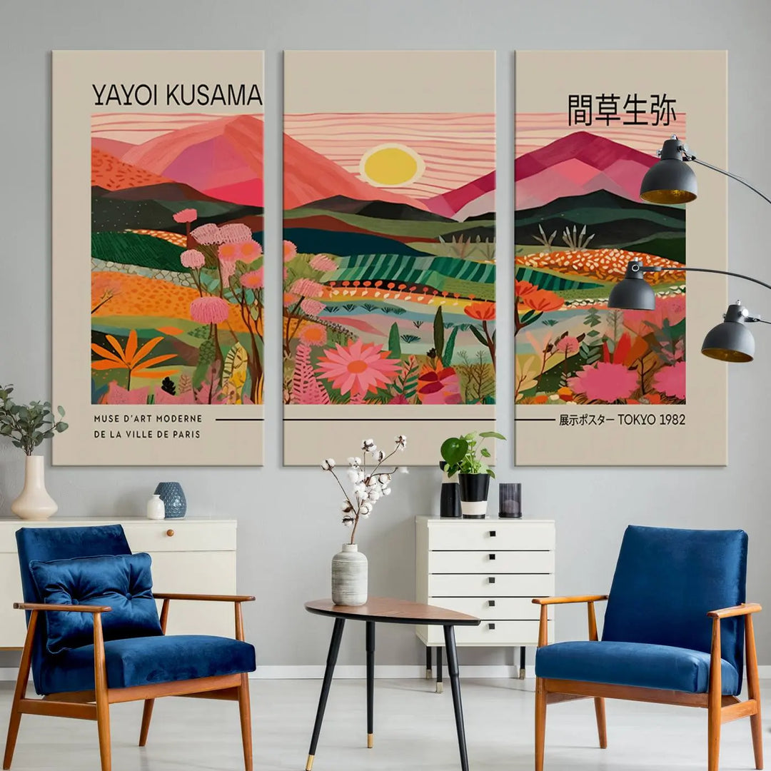 Yayoi Kusama Landscape Canvas Print, Vibrant Floral Mountain Art Print, Yayoi Botanical Wall Art - Flower Nature Decor, Sunset Scenery Artwork, Yayoi Kusama Prints for Sale
