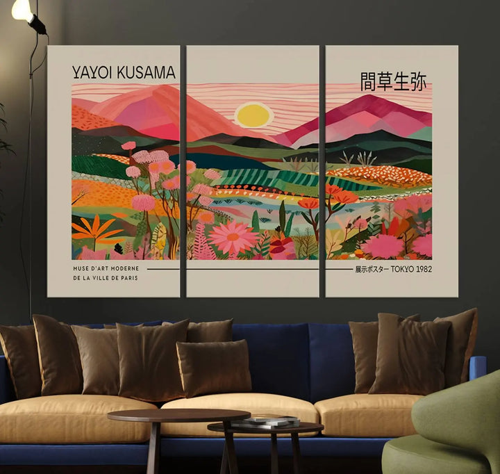 Yayoi Kusama Landscape Canvas Print, Vibrant Floral Mountain Art Print, Yayoi Botanical Wall Art - Flower Nature Decor, Sunset Scenery Artwork, Yayoi Kusama Prints for Sale