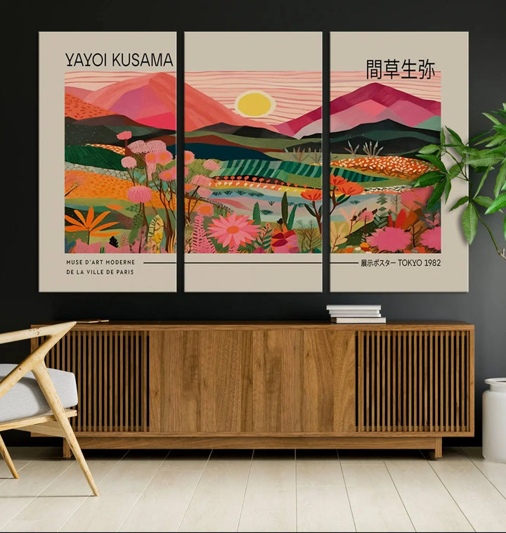 Yayoi Kusama Landscape Canvas Print, Vibrant Floral Mountain Art Print, Yayoi Botanical Wall Art - Flower Nature Decor, Sunset Scenery Artwork, Yayoi Kusama Prints for Sale