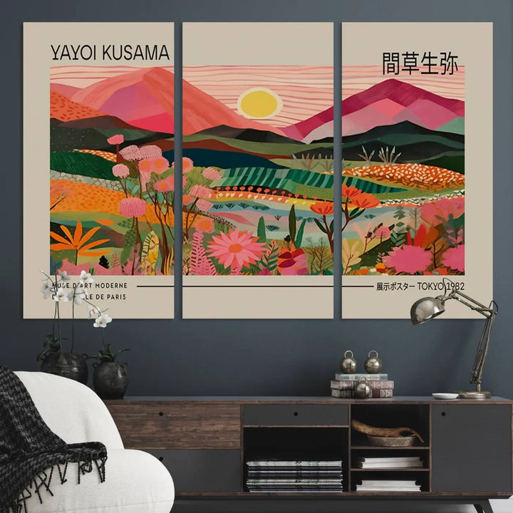 Yayoi Kusama Landscape Canvas Print, Vibrant Floral Mountain Art Print, Yayoi Botanical Wall Art - Flower Nature Decor, Sunset Scenery Artwork, Yayoi Kusama Prints for Sale