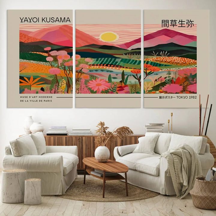 Yayoi Kusama Landscape Canvas Print, Vibrant Floral Mountain Art Print, Yayoi Botanical Wall Art - Flower Nature Decor, Sunset Scenery Artwork, Yayoi Kusama Prints for Sale
