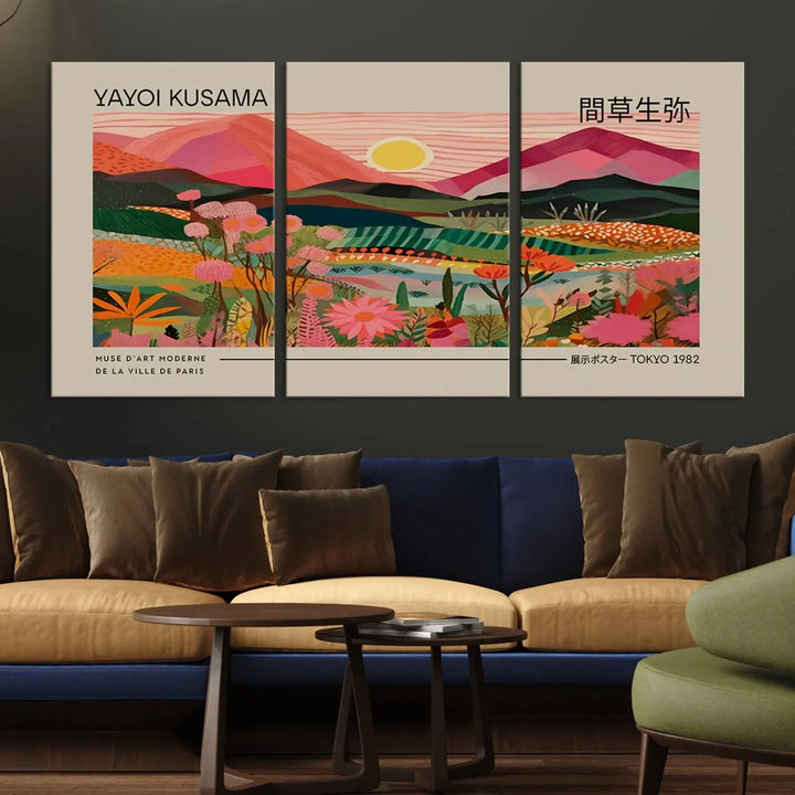 Yayoi Kusama Landscape Canvas Print, Vibrant Floral Mountain Art Print, Yayoi Botanical Wall Art - Flower Nature Decor, Sunset Scenery Artwork, Yayoi Kusama Prints for Sale