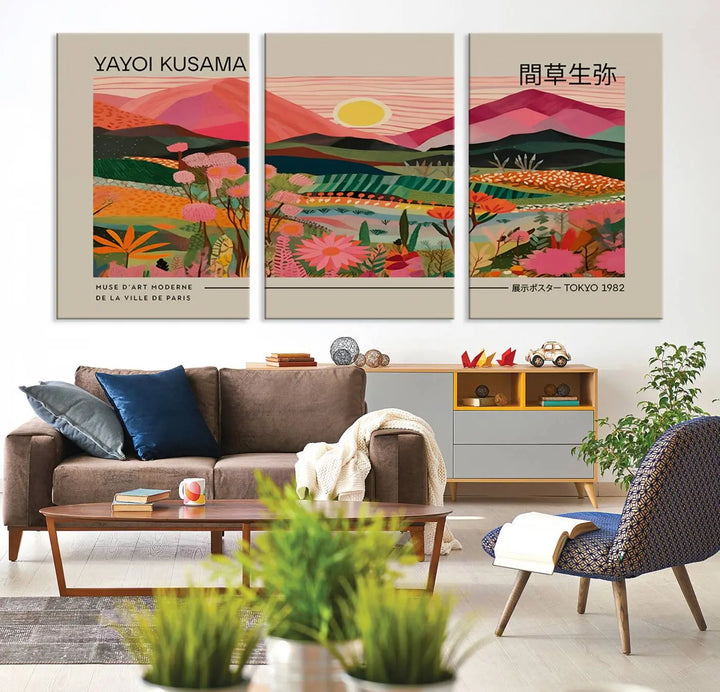 Yayoi Kusama Landscape Canvas Print, Vibrant Floral Mountain Art Print, Yayoi Botanical Wall Art - Flower Nature Decor, Sunset Scenery Artwork, Yayoi Kusama Prints for Sale