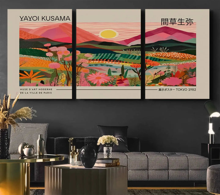 Yayoi Kusama Landscape Canvas Print, Vibrant Floral Mountain Art Print, Yayoi Botanical Wall Art - Flower Nature Decor, Sunset Scenery Artwork, Yayoi Kusama Prints for Sale