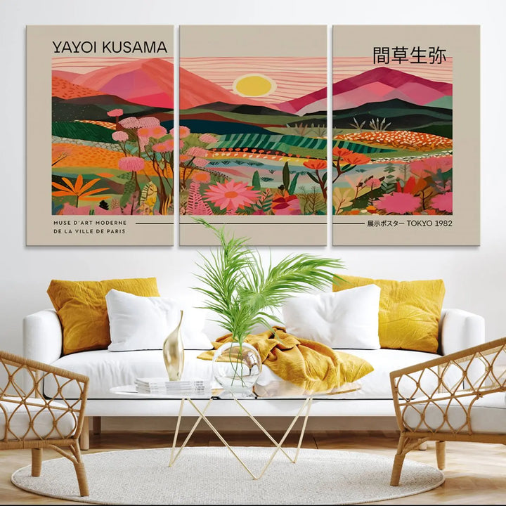 Yayoi Kusama Landscape Canvas Print, Vibrant Floral Mountain Art Print, Yayoi Botanical Wall Art - Flower Nature Decor, Sunset Scenery Artwork, Yayoi Kusama Prints for Sale