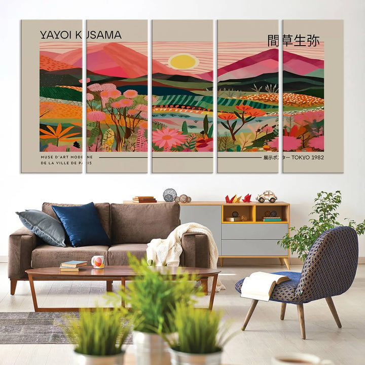 Yayoi Kusama Landscape Canvas Print, Vibrant Floral Mountain Art Print, Yayoi Botanical Wall Art - Flower Nature Decor, Sunset Scenery Artwork, Yayoi Kusama Prints for Sale