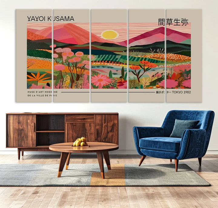 Yayoi Kusama Landscape Canvas Print, Vibrant Floral Mountain Art Print, Yayoi Botanical Wall Art - Flower Nature Decor, Sunset Scenery Artwork, Yayoi Kusama Prints for Sale