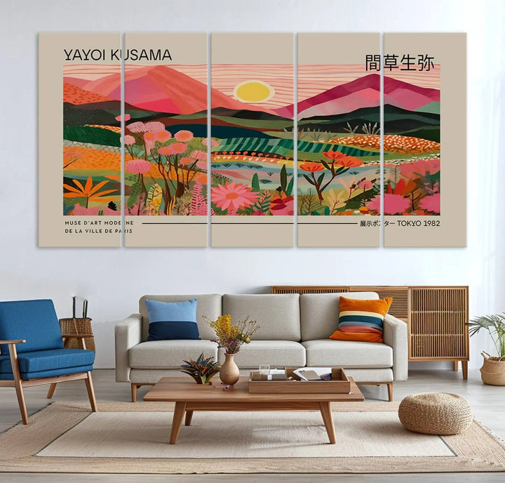 Yayoi Kusama Landscape Canvas Print, Vibrant Floral Mountain Art Print, Yayoi Botanical Wall Art - Flower Nature Decor, Sunset Scenery Artwork, Yayoi Kusama Prints for Sale