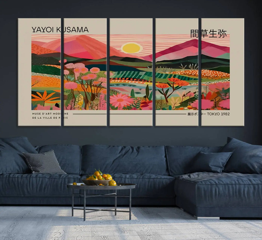 Yayoi Kusama Landscape Canvas Print, Vibrant Floral Mountain Art Print, Yayoi Botanical Wall Art - Flower Nature Decor, Sunset Scenery Artwork, Yayoi Kusama Prints for Sale