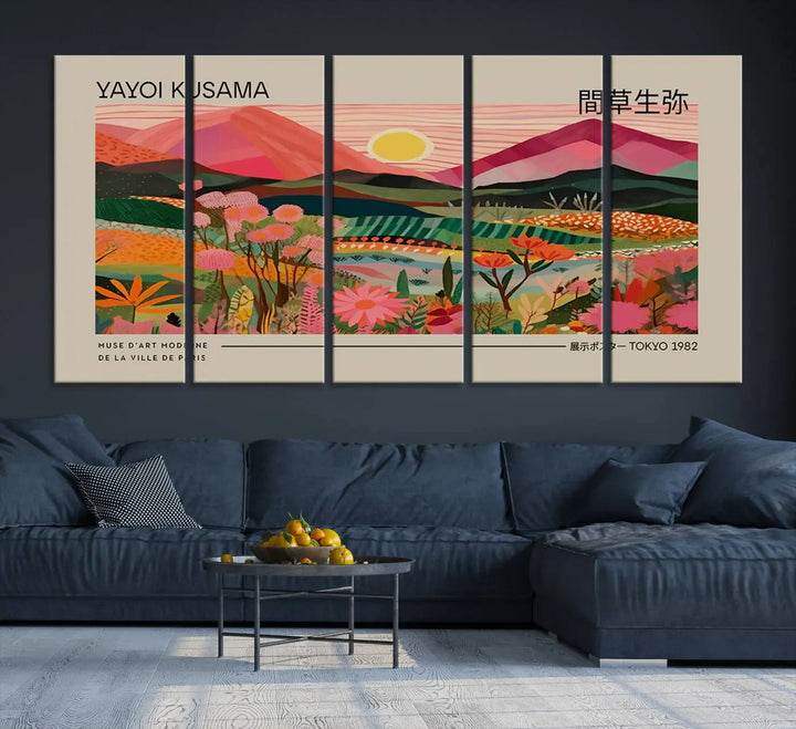 Yayoi Kusama Landscape Canvas Print, Vibrant Floral Mountain Art Print, Yayoi Botanical Wall Art - Flower Nature Decor, Sunset Scenery Artwork, Yayoi Kusama Prints for Sale