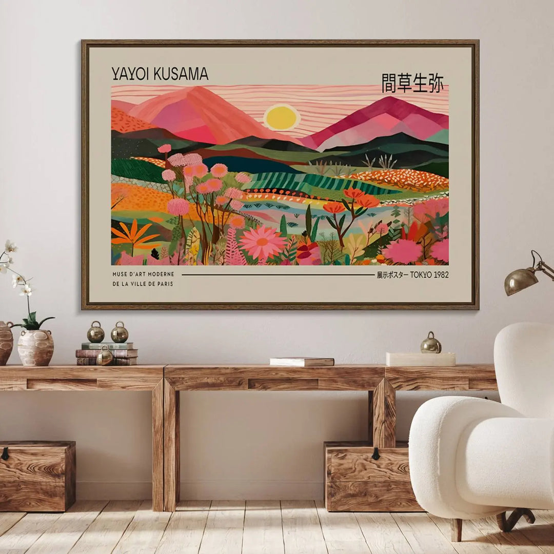 Yayoi Kusama Landscape Canvas Print, Vibrant Floral Mountain Art Print, Yayoi Botanical Wall Art - Flower Nature Decor, Sunset Scenery Artwork, Yayoi Kusama Prints for Sale