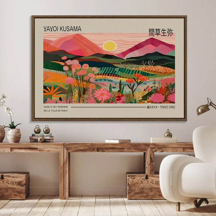 Yayoi Kusama Landscape Canvas Print, Vibrant Floral Mountain Art Print, Yayoi Botanical Wall Art - Flower Nature Decor, Sunset Scenery Artwork, Yayoi Kusama Prints for Sale