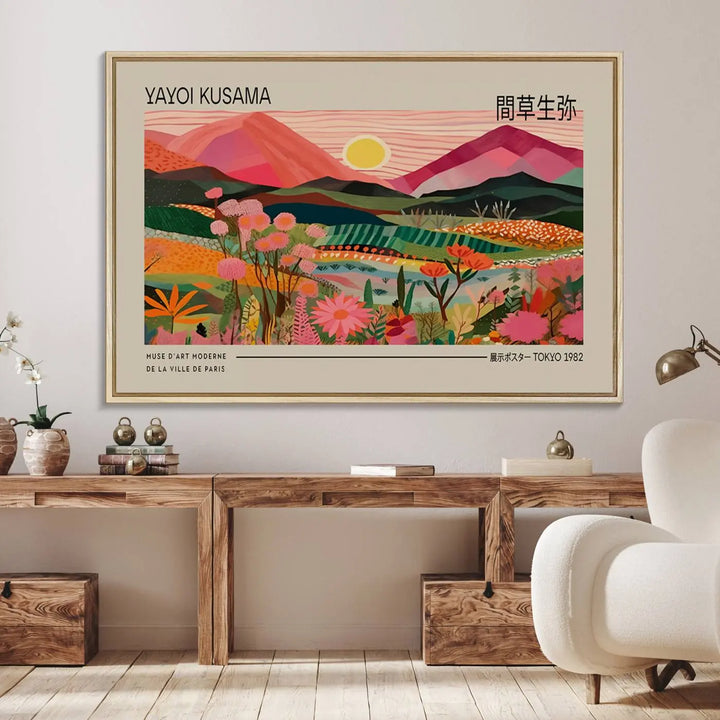 Yayoi Kusama Landscape Canvas Print, Vibrant Floral Mountain Art Print, Yayoi Botanical Wall Art - Flower Nature Decor, Sunset Scenery Artwork, Yayoi Kusama Prints for Sale