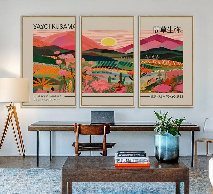 A Yayoi Kusama landscape print features vibrant floral mountains.