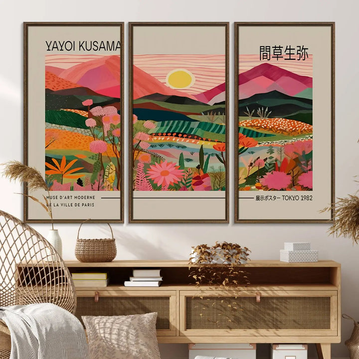 A Yayoi Kusama landscape print features vibrant floral mountains.