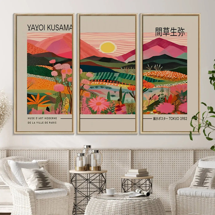 A Yayoi Kusama landscape print features vibrant floral mountains.
