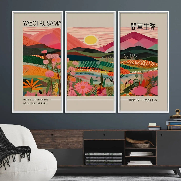 A Yayoi Kusama landscape print features vibrant floral mountains.