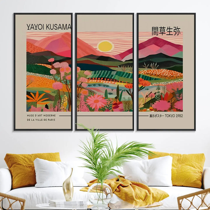 A Yayoi Kusama landscape print features vibrant floral mountains.