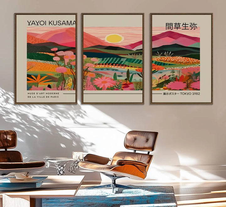A Yayoi Kusama landscape print features vibrant floral mountains.