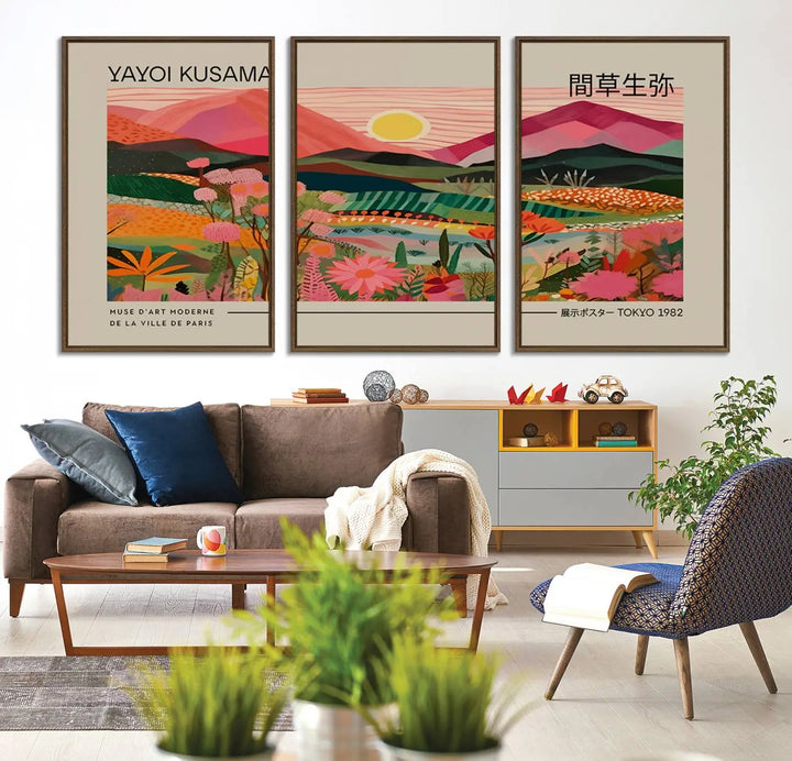 A Yayoi Kusama landscape print features vibrant floral mountains.