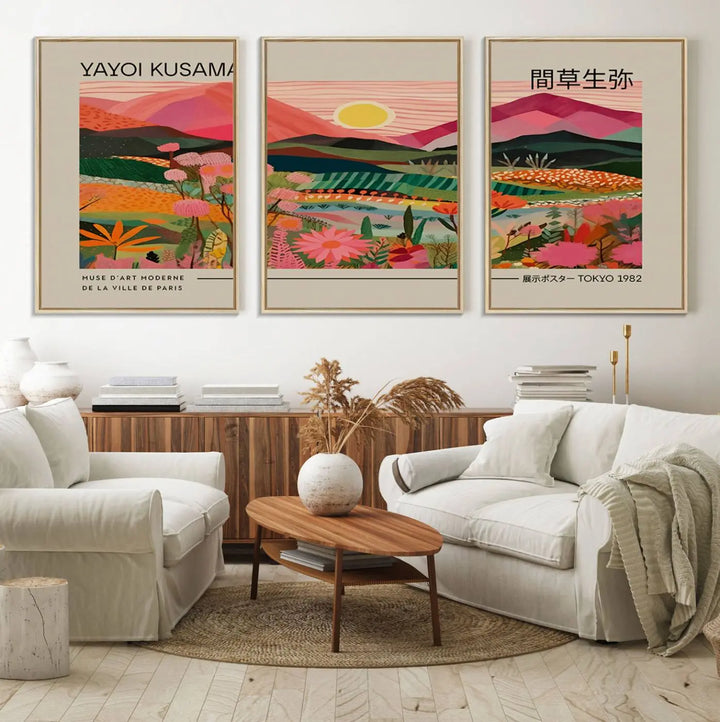 A Yayoi Kusama landscape print features vibrant floral mountains.