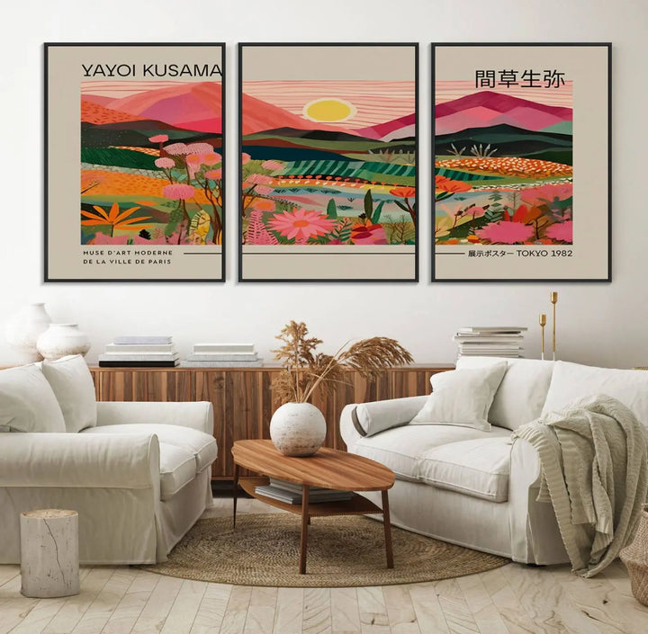 A Yayoi Kusama landscape print features vibrant floral mountains.