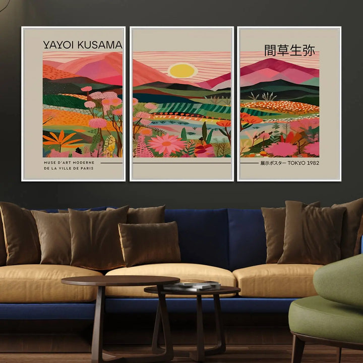 A Yayoi Kusama landscape print features vibrant floral mountains.