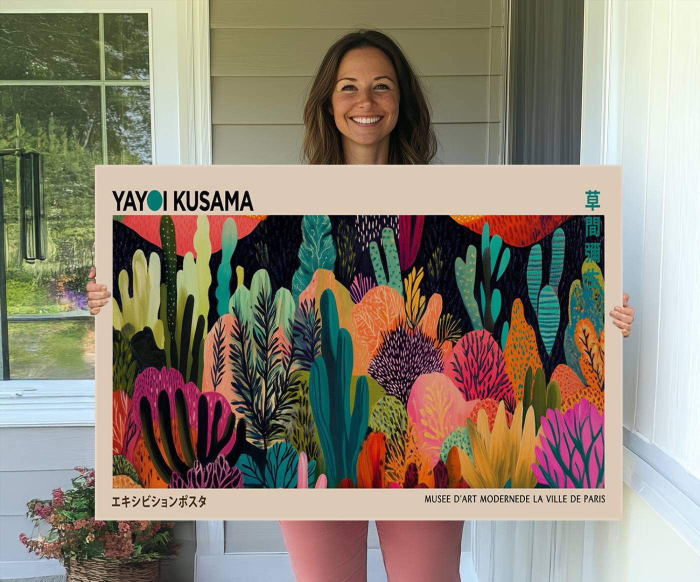 45711-MGV-CV-36X24-Yayoi Kusama Wall Art Canvas Print, Abstract Art, Large Yayoi Kusama Framed Canvas Print, Japanese Wabi Sabi Wall Art, Exhibition Gallery