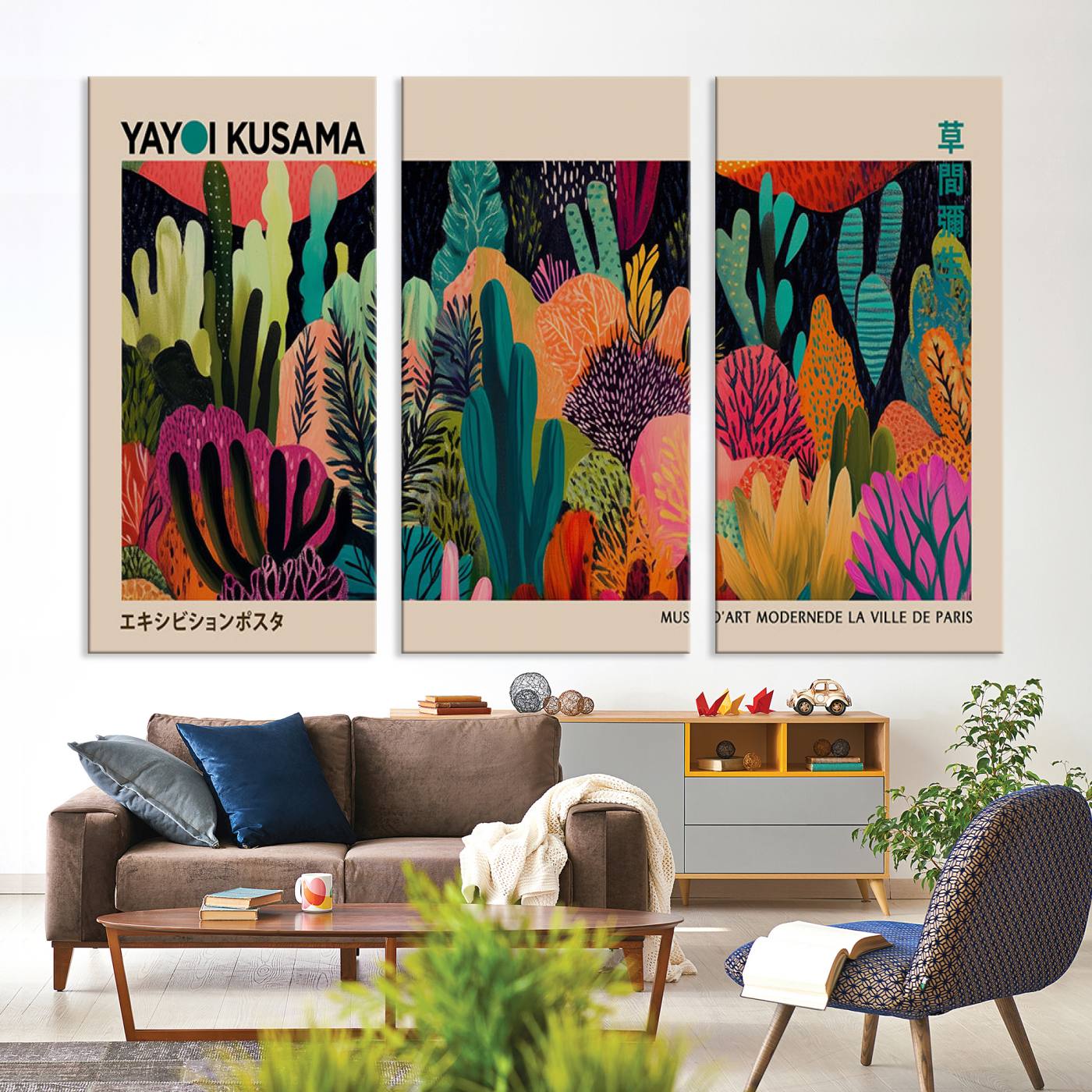 45711-MGV-CV-48X32-3P-Yayoi Kusama Wall Art Canvas Print, Abstract Art, Large Yayoi Kusama Framed Canvas Print, Japanese Wabi Sabi Wall Art, Exhibition Gallery