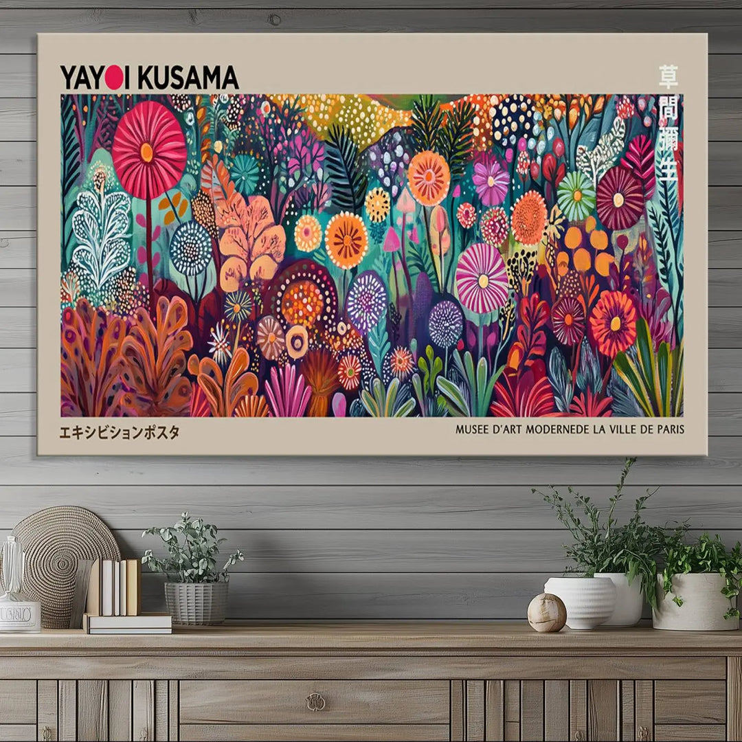 A framed "Yayoi Kusama Wall Art Canvas Print" showcases an abstract floral design, reflecting Japanese aesthetics.