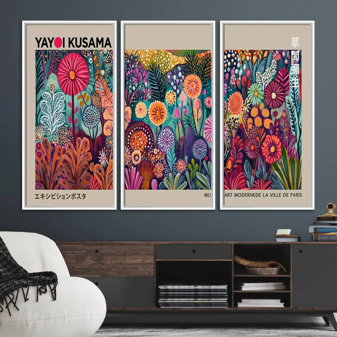 A framed "Yayoi Kusama Wall Art Canvas Print" showcases an abstract floral design, reflecting Japanese aesthetics.