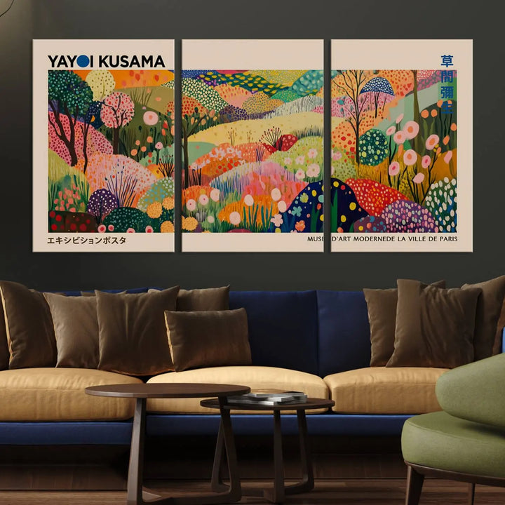 A framed Yayoi Kusama Wall Art Canvas Print features a vibrant abstract landscape adorned with flowers.