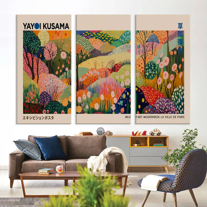 A framed Yayoi Kusama Wall Art Canvas Print features a vibrant abstract landscape adorned with flowers.