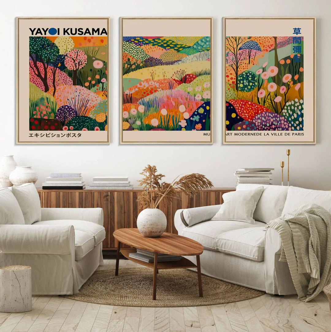 A framed Yayoi Kusama Wall Art Canvas Print features a vibrant abstract landscape adorned with flowers.