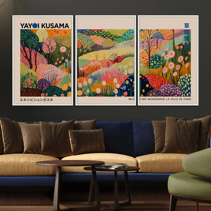 A framed Yayoi Kusama Wall Art Canvas Print features a vibrant abstract landscape adorned with flowers.