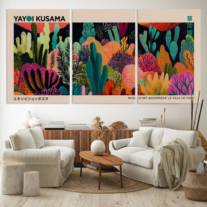 The vibrant canvas print of wall art features abstract plants, with the elegant text "Yayoi Kusama Wall Art Canvas Print" displayed on the colorful frame.