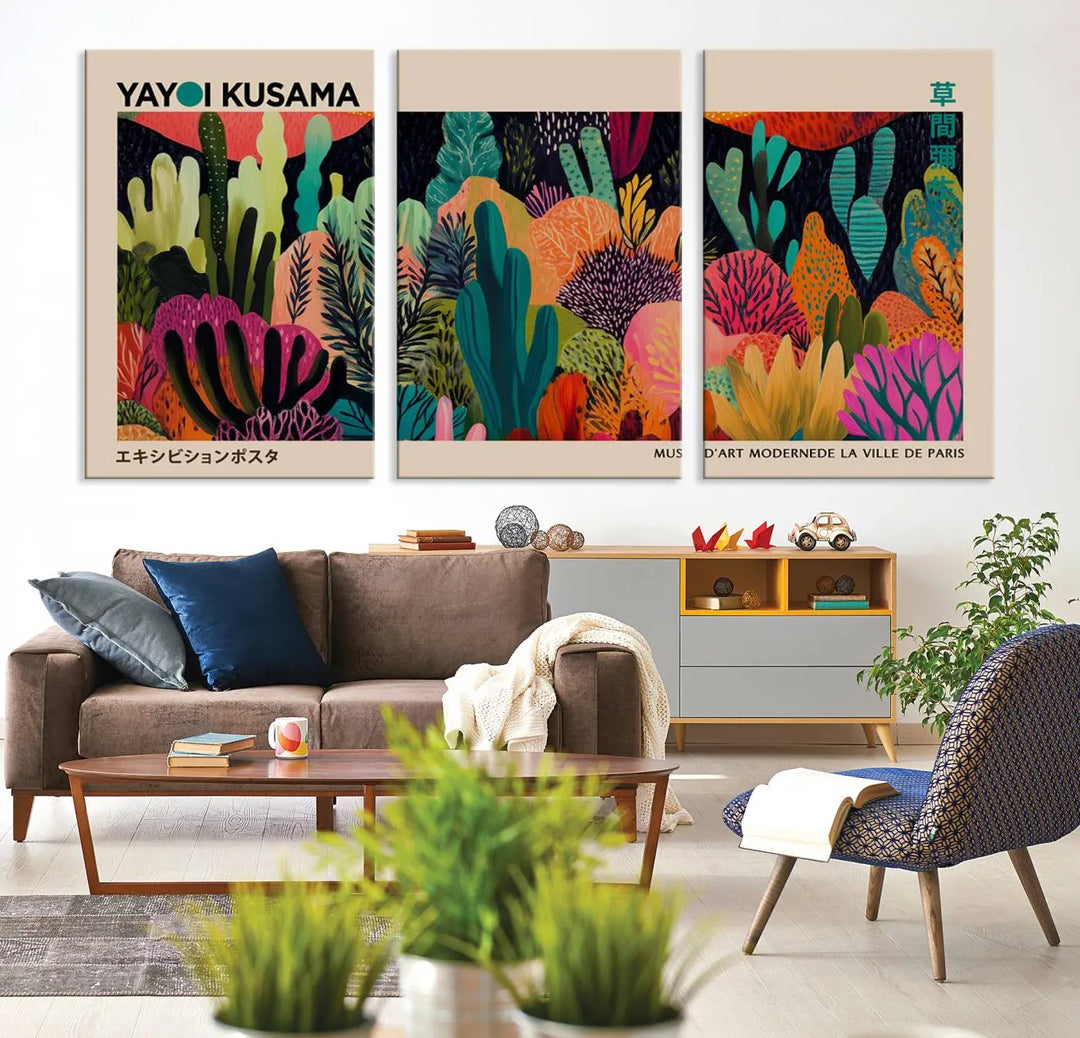 The vibrant canvas print of wall art features abstract plants, with the elegant text "Yayoi Kusama Wall Art Canvas Print" displayed on the colorful frame.