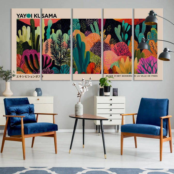 The vibrant canvas print of wall art features abstract plants, with the elegant text "Yayoi Kusama Wall Art Canvas Print" displayed on the colorful frame.