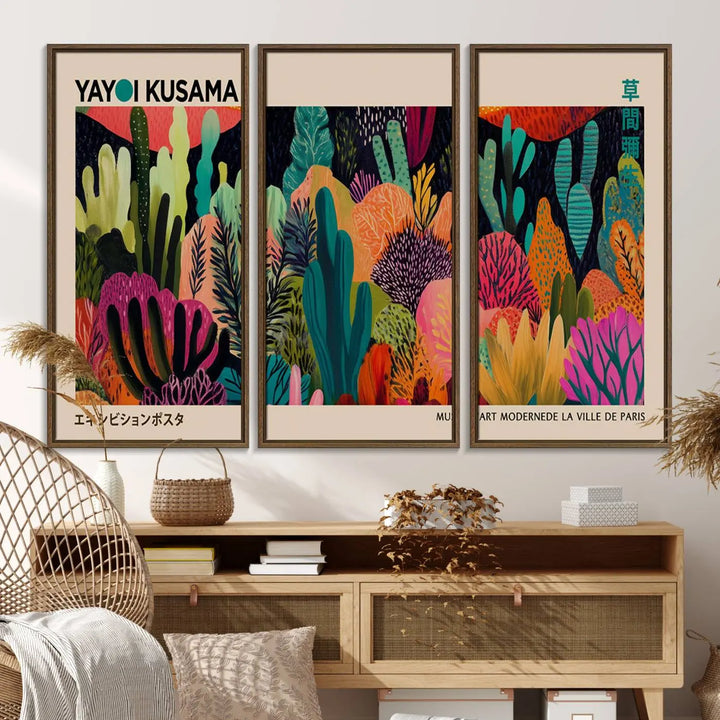 The vibrant canvas print of wall art features abstract plants, with the elegant text "Yayoi Kusama Wall Art Canvas Print" displayed on the colorful frame.