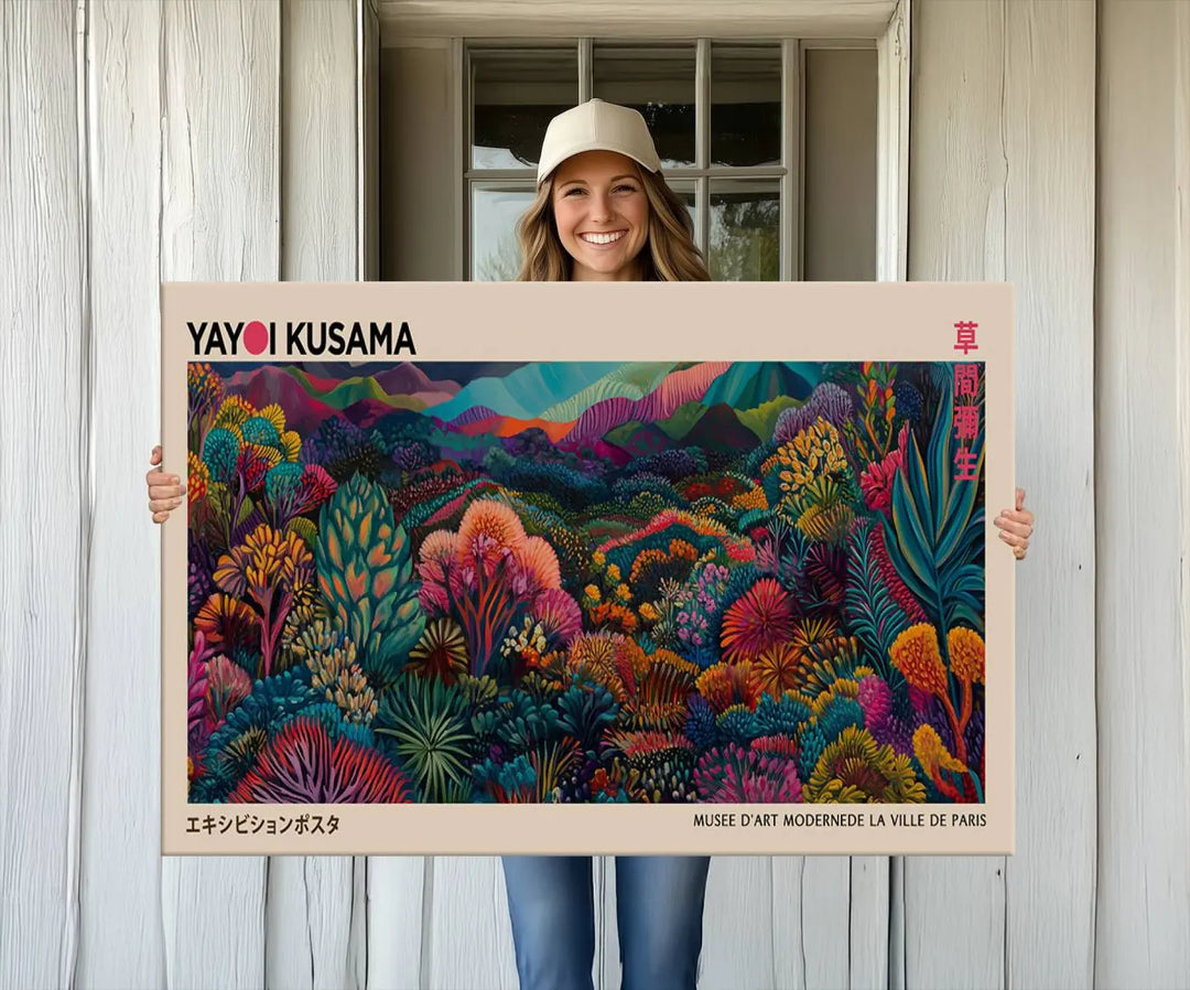 The Yayoi Kusama Wall Art Canvas Print features a vibrant and colorful landscape with abstract vegetation, perfectly capturing the essence of Japanese Wabi Sabi aesthetics.