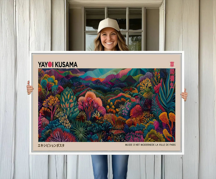 The Yayoi Kusama Wall Art Canvas Print features a vibrant and colorful landscape with abstract vegetation, perfectly capturing the essence of Japanese Wabi Sabi aesthetics.