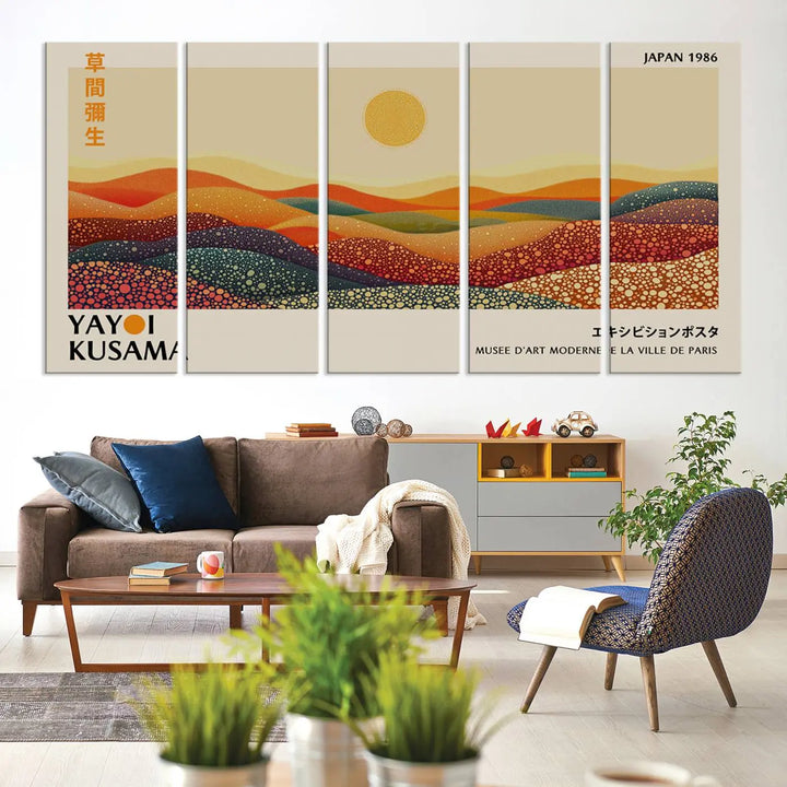 The Yayoi Kusama Wall Art Print is a vibrant abstract landscape canvas featuring colorful dotted hills and a sun, showcasing Japanese art and signed by Yayoi Kusama. It is dated Japan 1986.