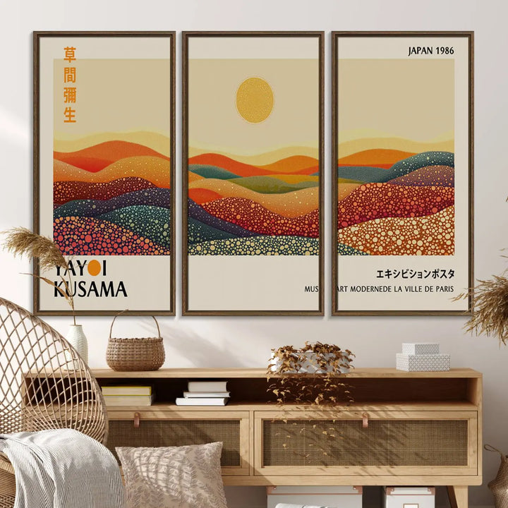 The Yayoi Kusama Wall Art Print is a vibrant abstract landscape canvas featuring colorful dotted hills and a sun, showcasing Japanese art and signed by Yayoi Kusama. It is dated Japan 1986.